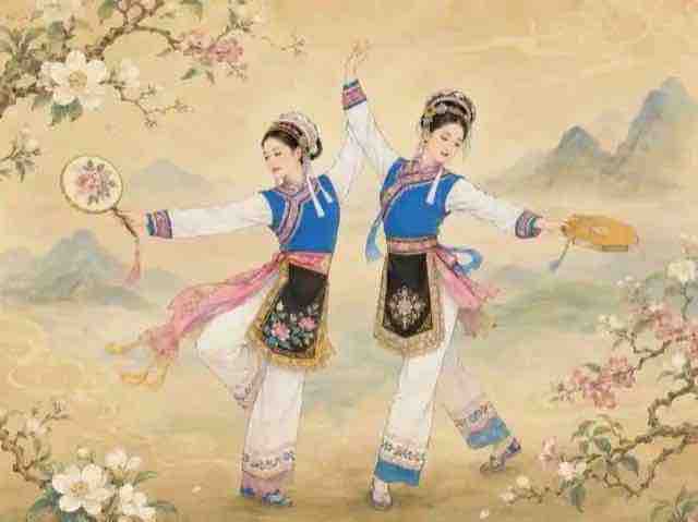 兩位身著藍白繡花舞衣的演員手持圓扇,在花鳥與遠山工筆畫背景前起舞